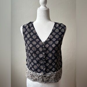 Vintage Paul Harris Design Navy Print Boho Button Front Vest Size Small